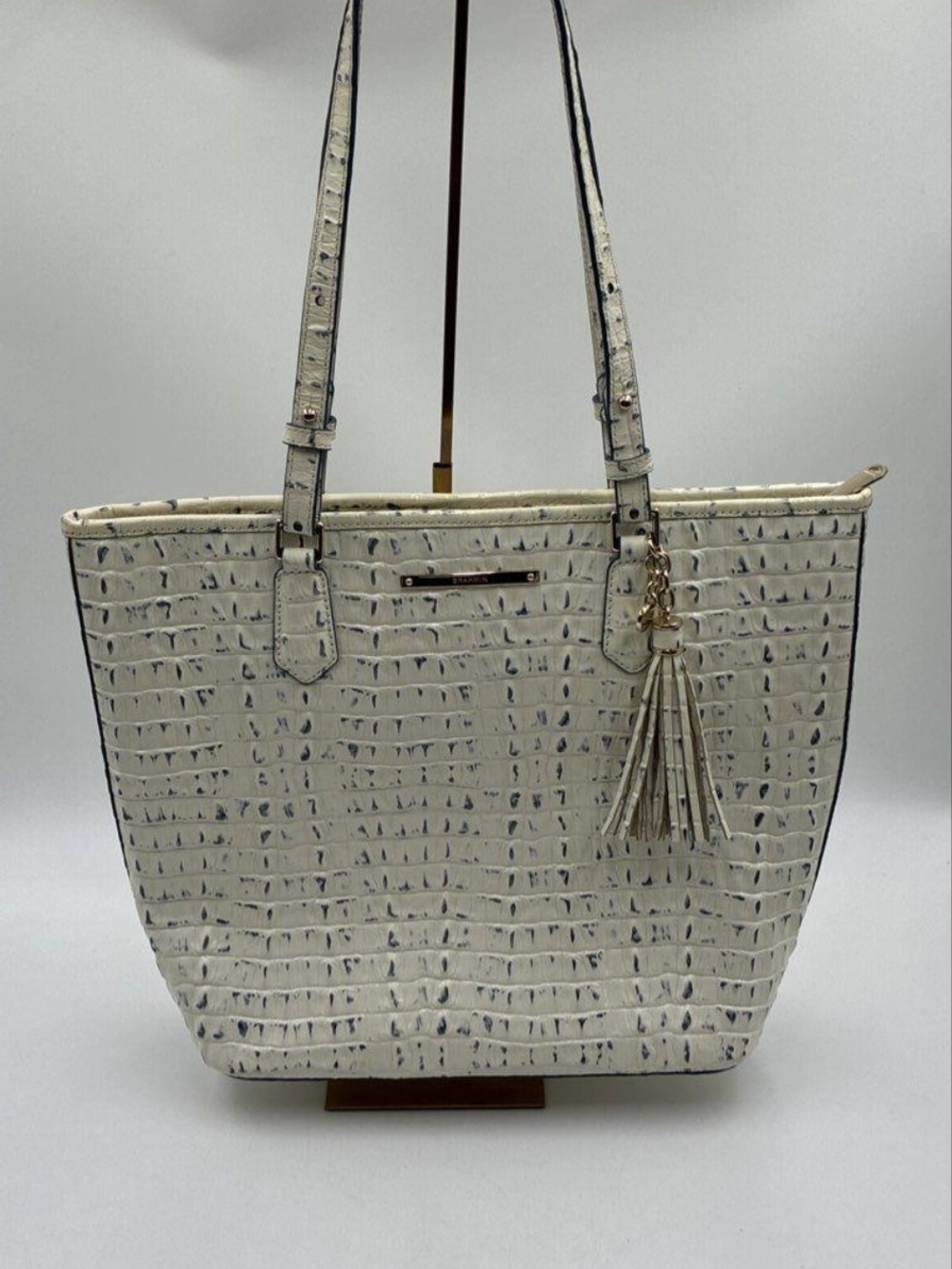 Brahmin Cream Croc-Embossed Tote with Tassel Charm
